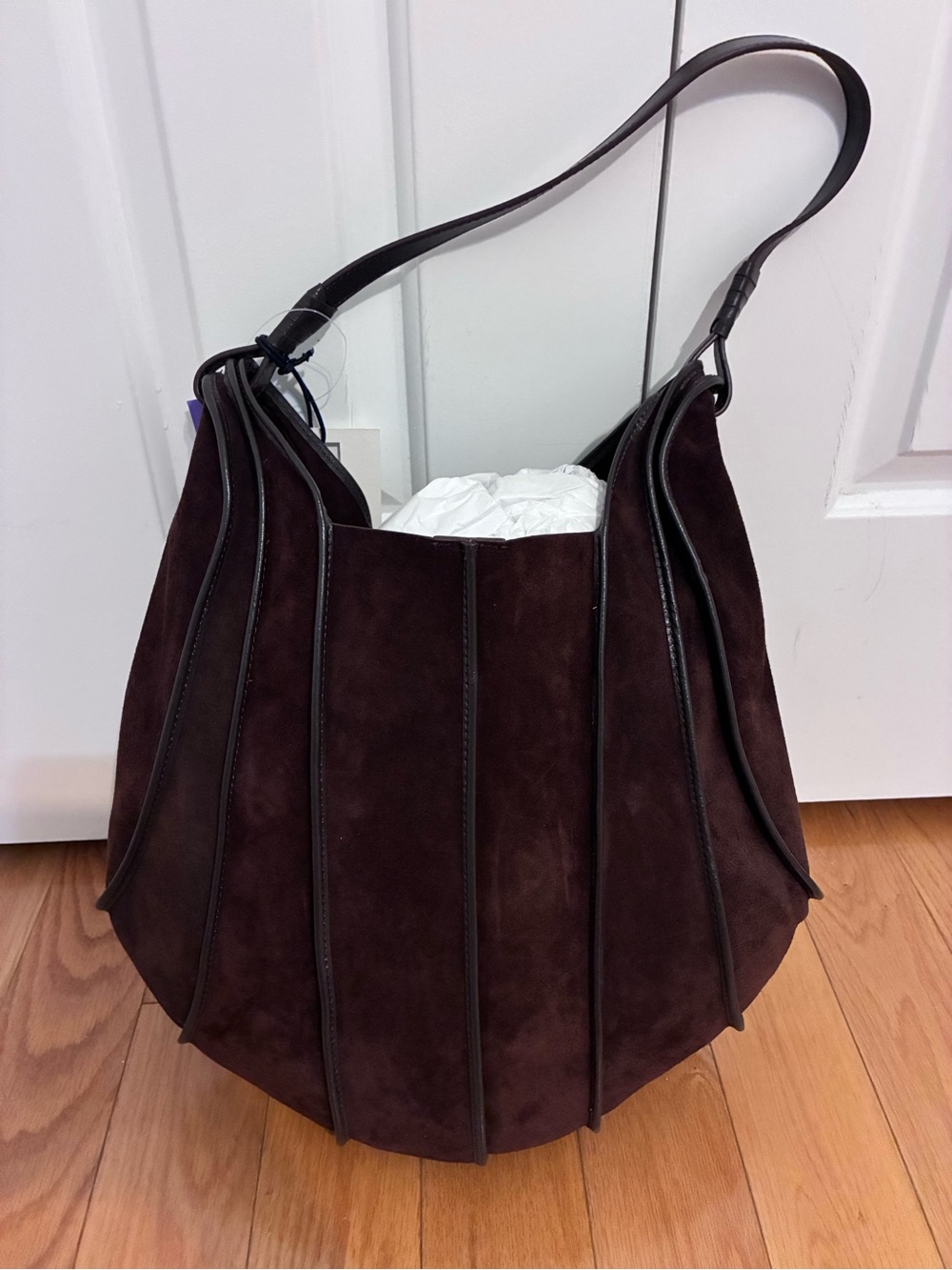 STAUD Mahogany Suede Large Wells Hobo with Dark Brown Trim and Strap—Sold Out